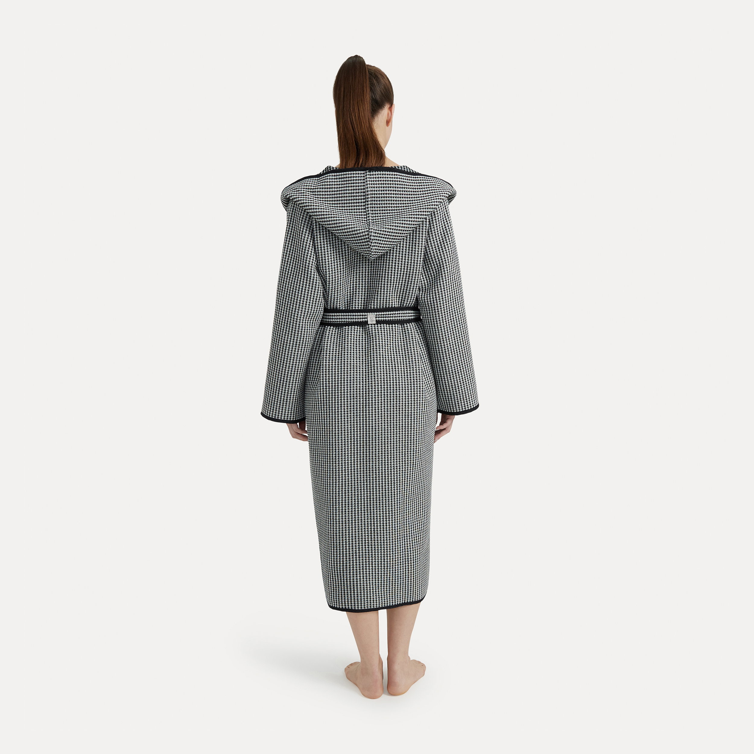 robe, mantel, geringelteck, kariert, kapuze, Hoodie dress, Checked pattern, Houndstooth, Knee-length, Belted waist