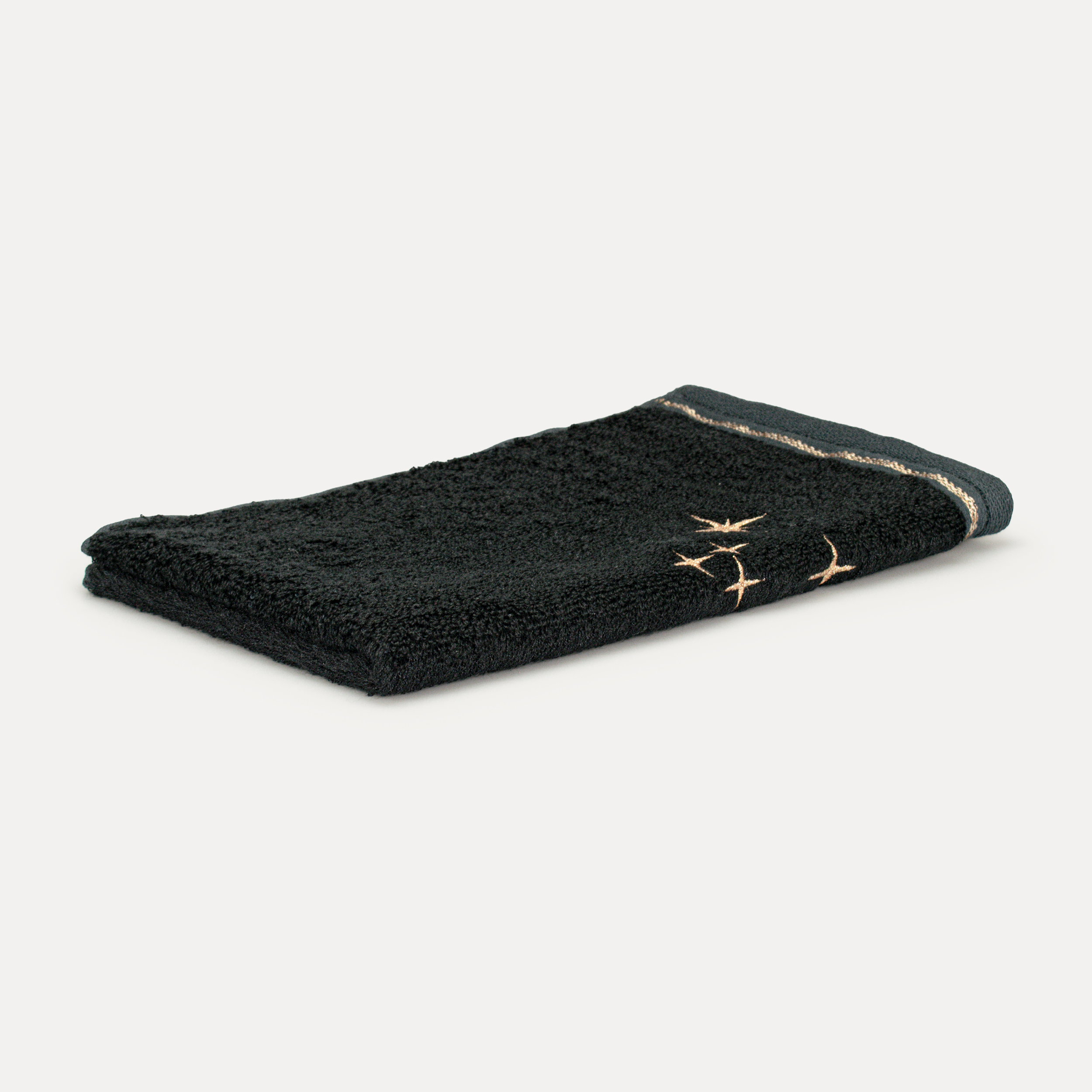 Handtuch, schwarze Baumwolle, Frottee, goldene Stickerei, Bordürenstreifen