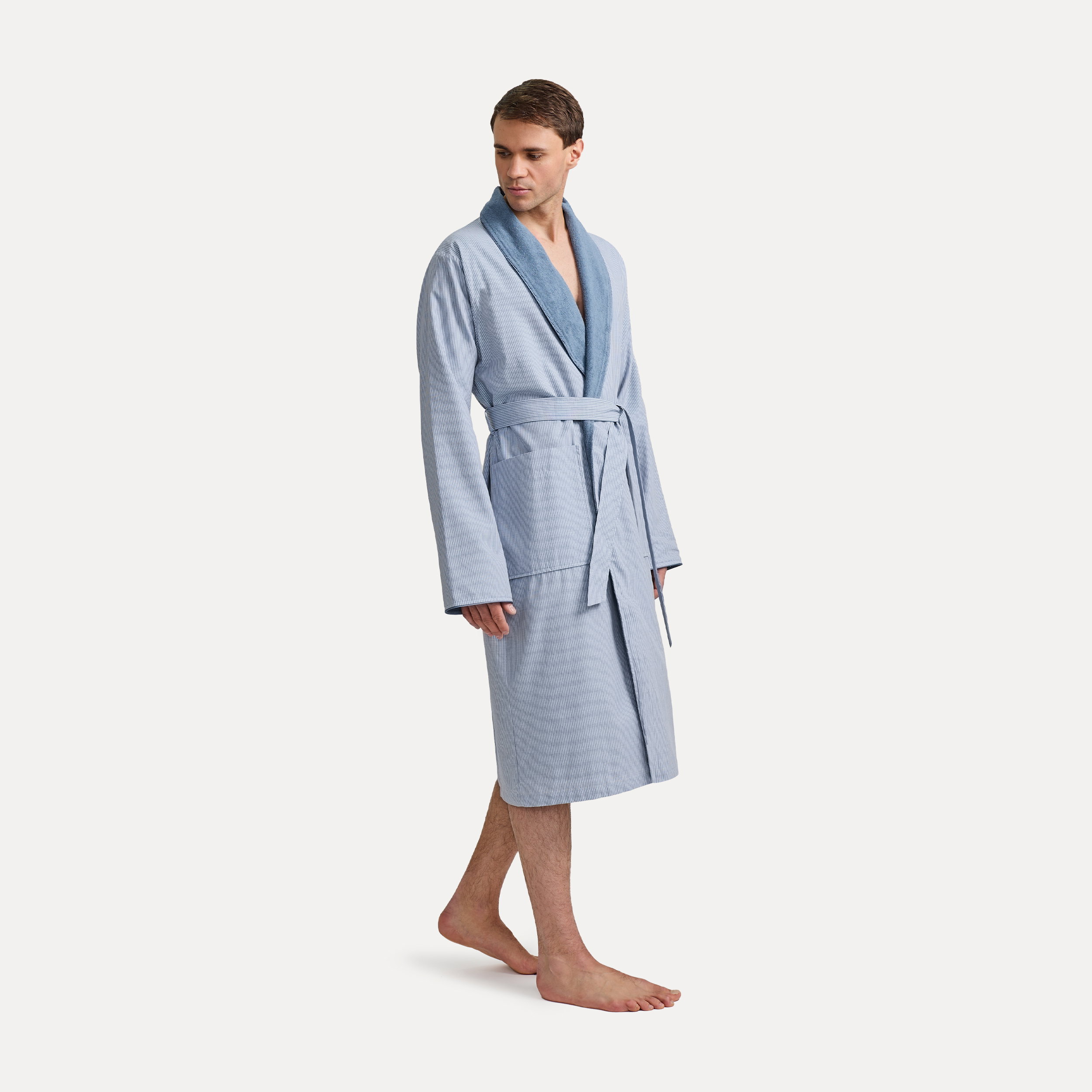 Bademantel, Robe, Baumwollmischung, Grau, Kimonostil, Robe, Bademantel, Mikrofasern, Streifen, Gürtel