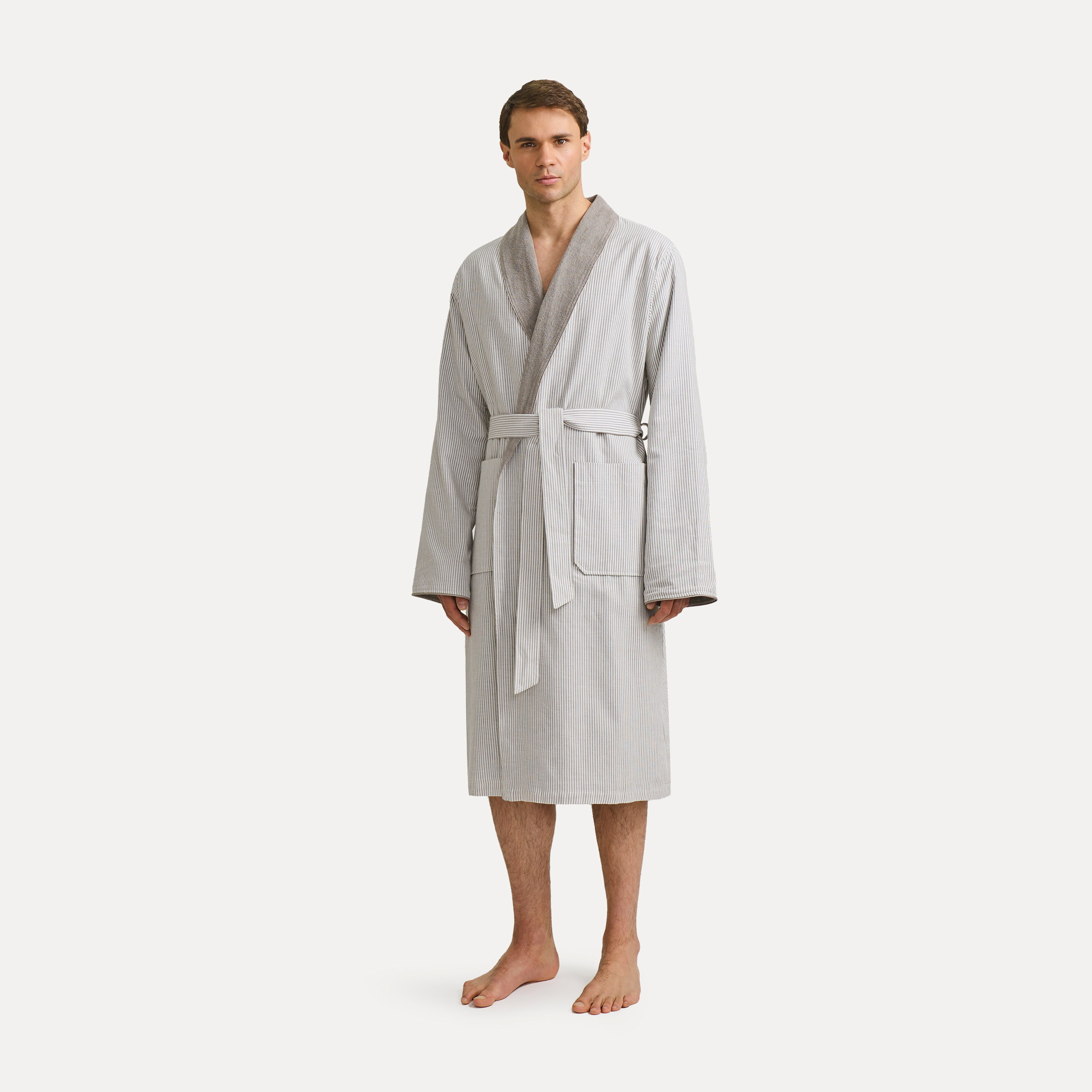 Bademantel, Streifen, Grau, Knit, Taillengürtel, Damenbathrobe, Bademantel, Streifen, Grau, Krawattegürtel