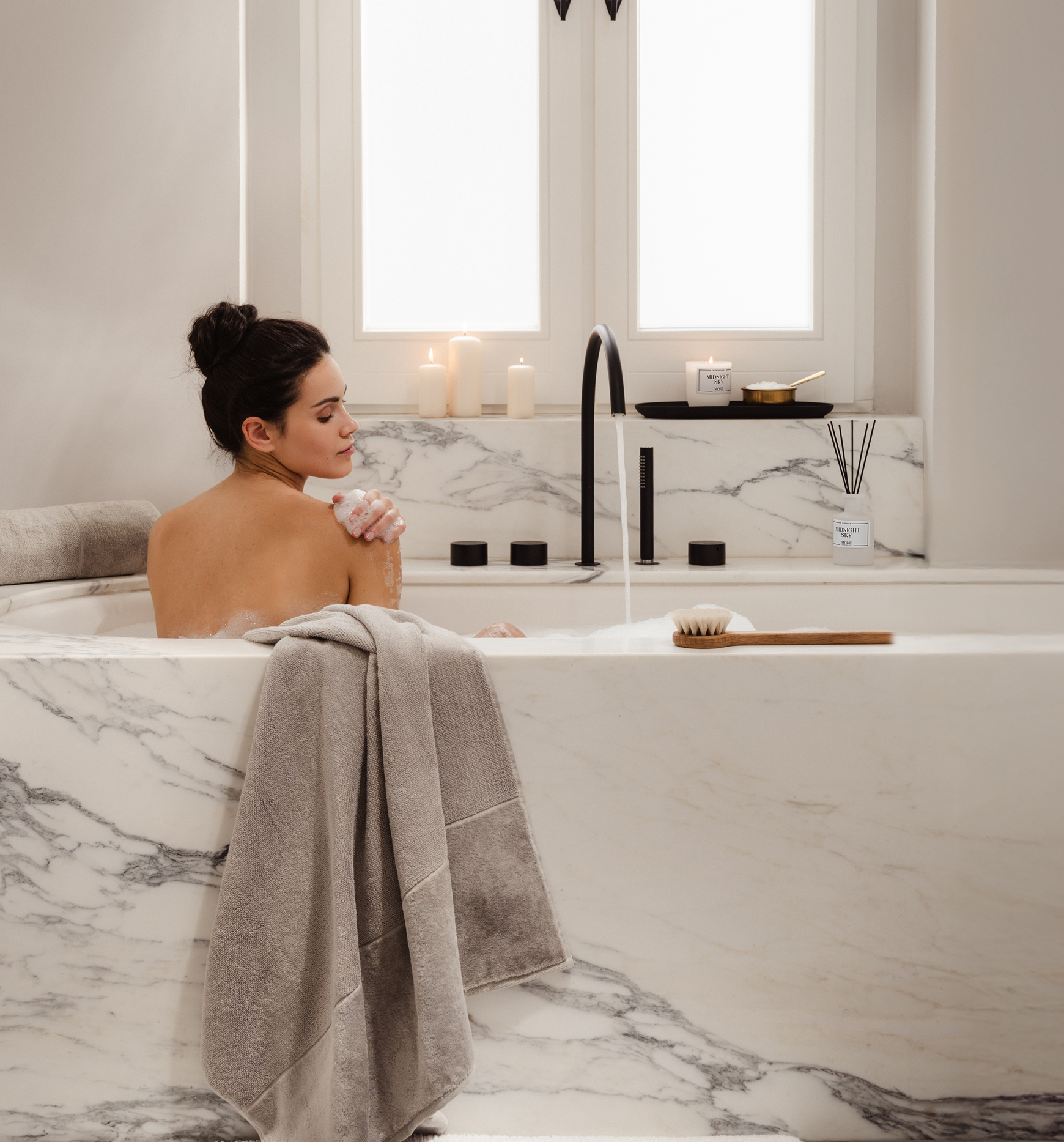 Badewanne, Marmor, Badezimmer, Handtücher, Kerzen