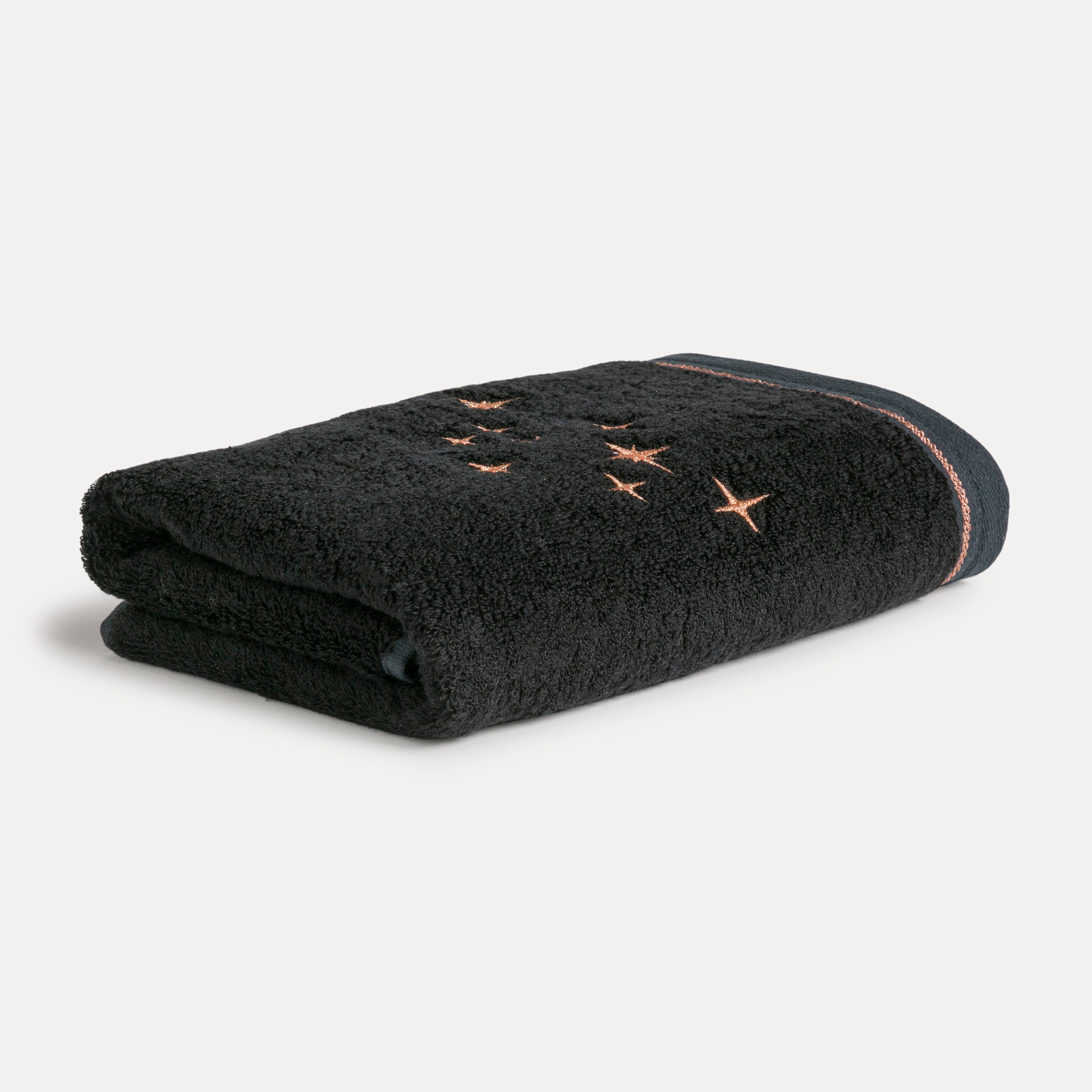 Handtuch, schwarze Baumwolle, Sternstickerei, Kupferfarbene Stickerei, Bordüre