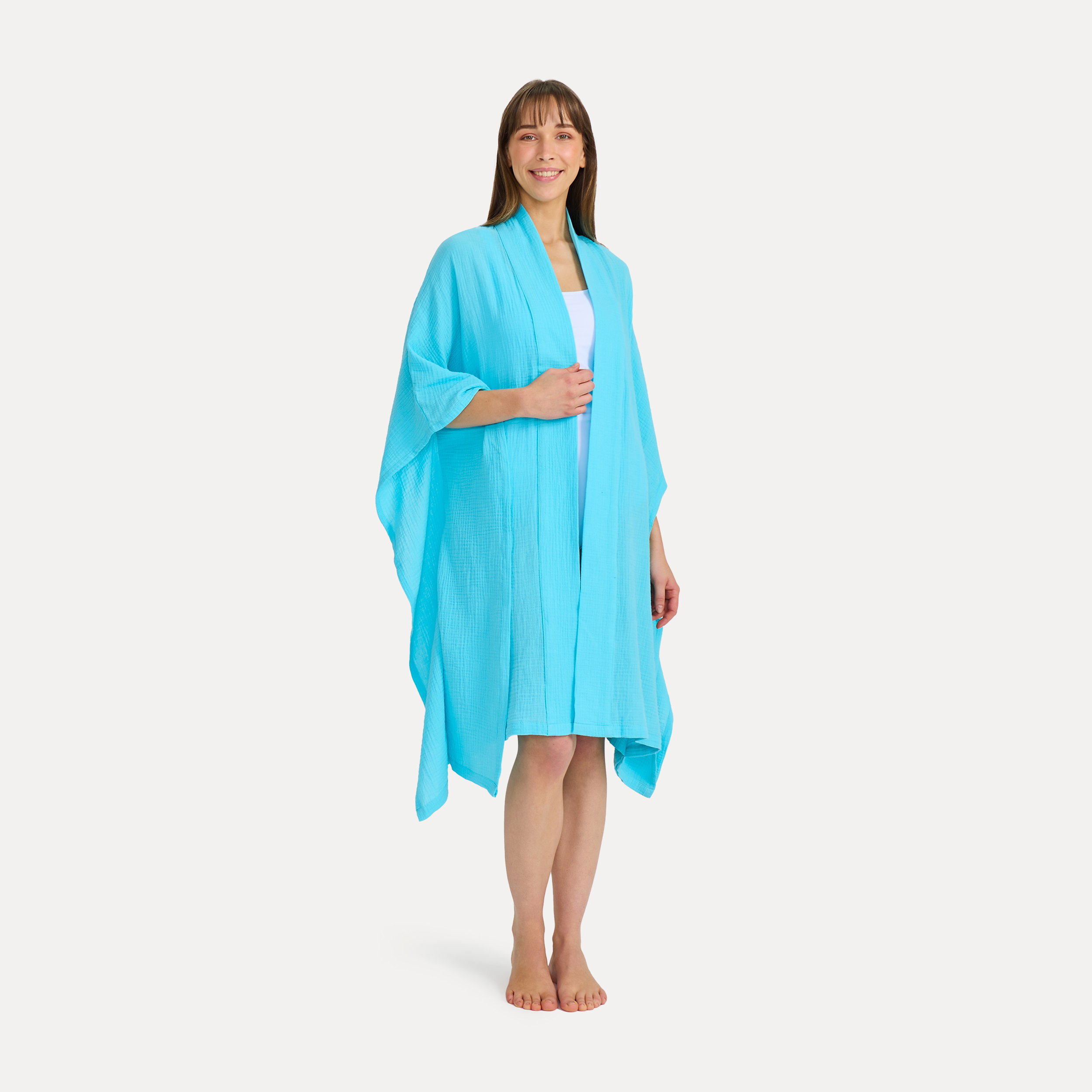 Kaftan, Poncho, Türkis, Baumwolle, Ungebleicht