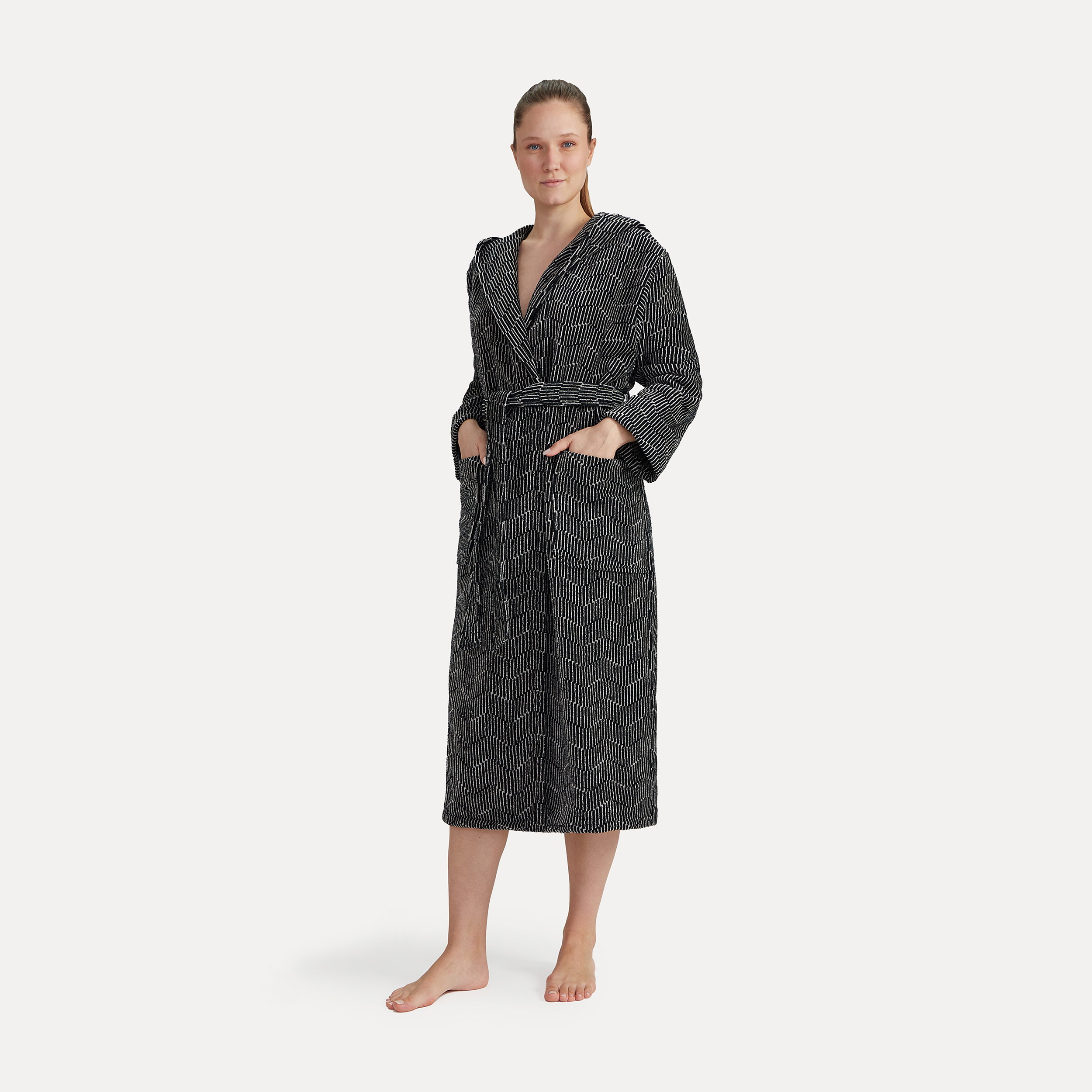robe, robe longues, manteau robe, imprimé discret, ceinture, Bademantel, Kimono-Stil, Schwarz, Gemustert, Gürtel