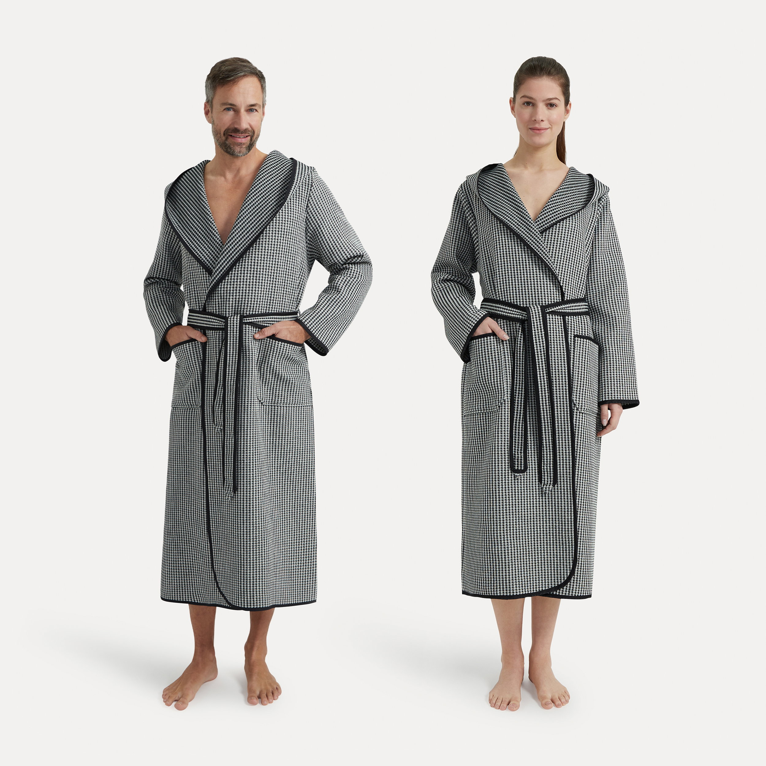 Bademantel, Gehäkeltes Muster, Hahnentritt, Gingham, Unisex, Bademantel, Grau, Hahnentrittmuster, Gepunktet, Gästekleidung