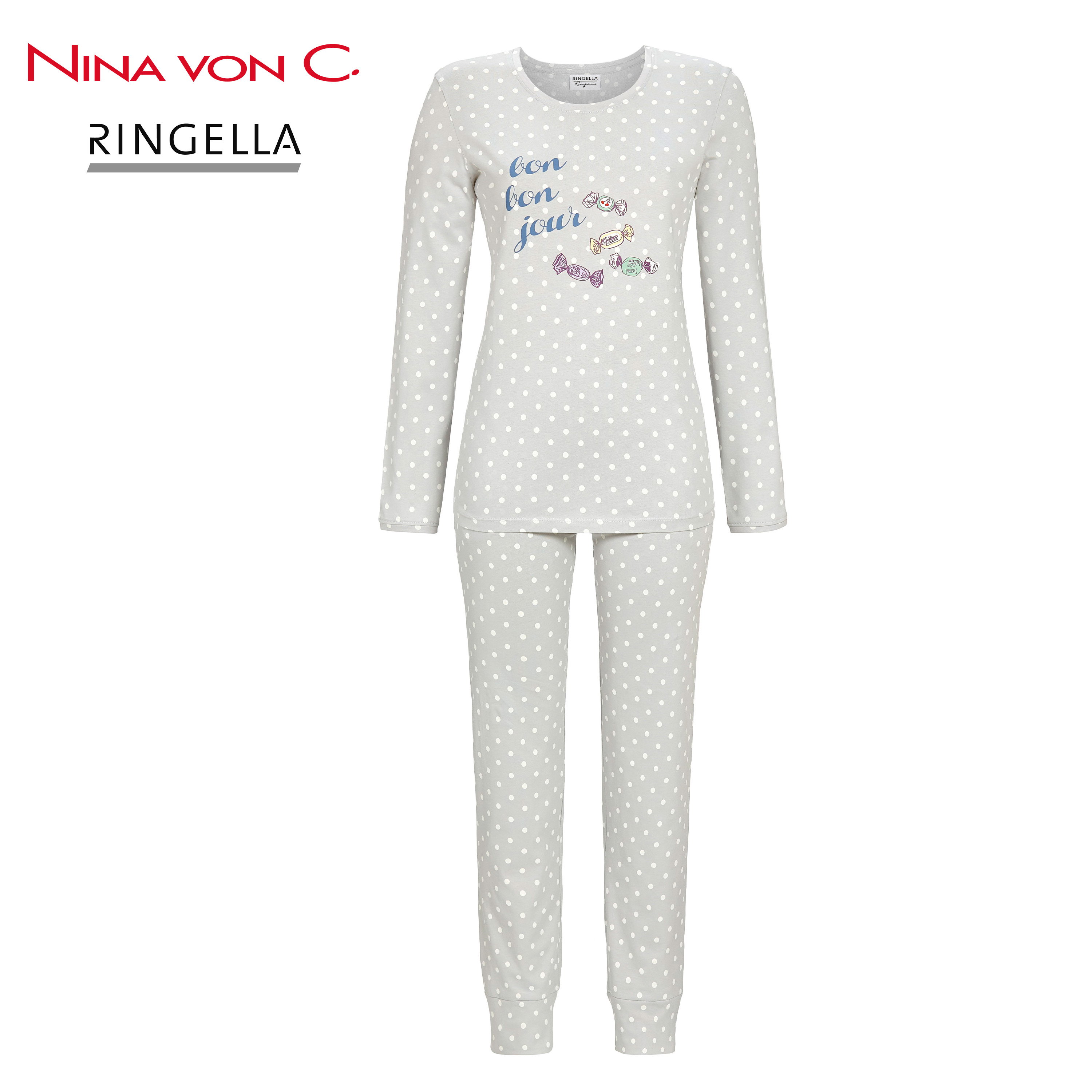 Pijama, Langärmlig, Grau, Gepunktet, Bonbon-Print
