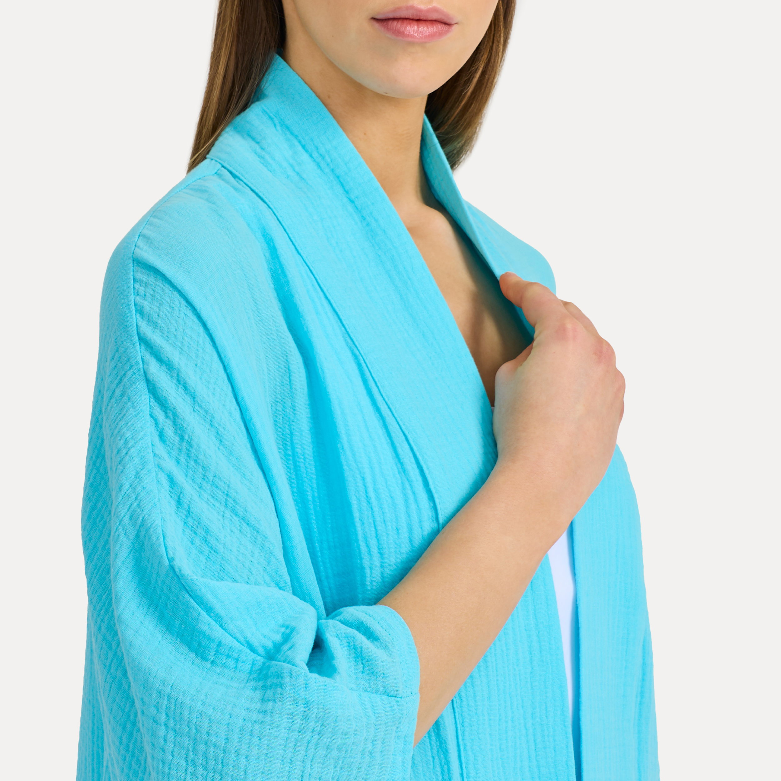 Kimonojacke, Hemdrob, Baumwolle, Türkis, weite Ärmel, Kimono, Hemd, Türkis, Grob gestrickt, Weiche Textur