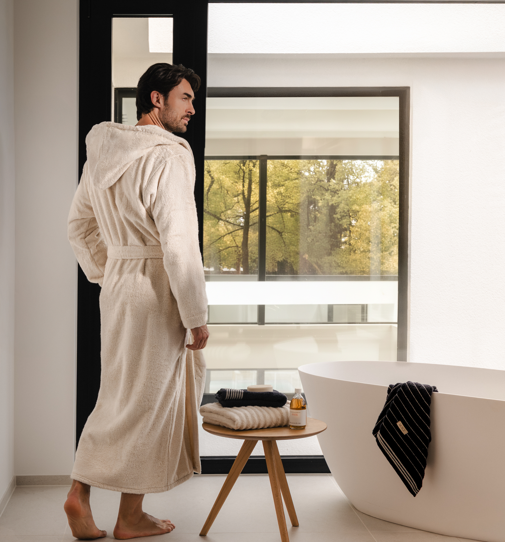 Bademantel, Handtuch, Badezimmer, Badewanne, Mann