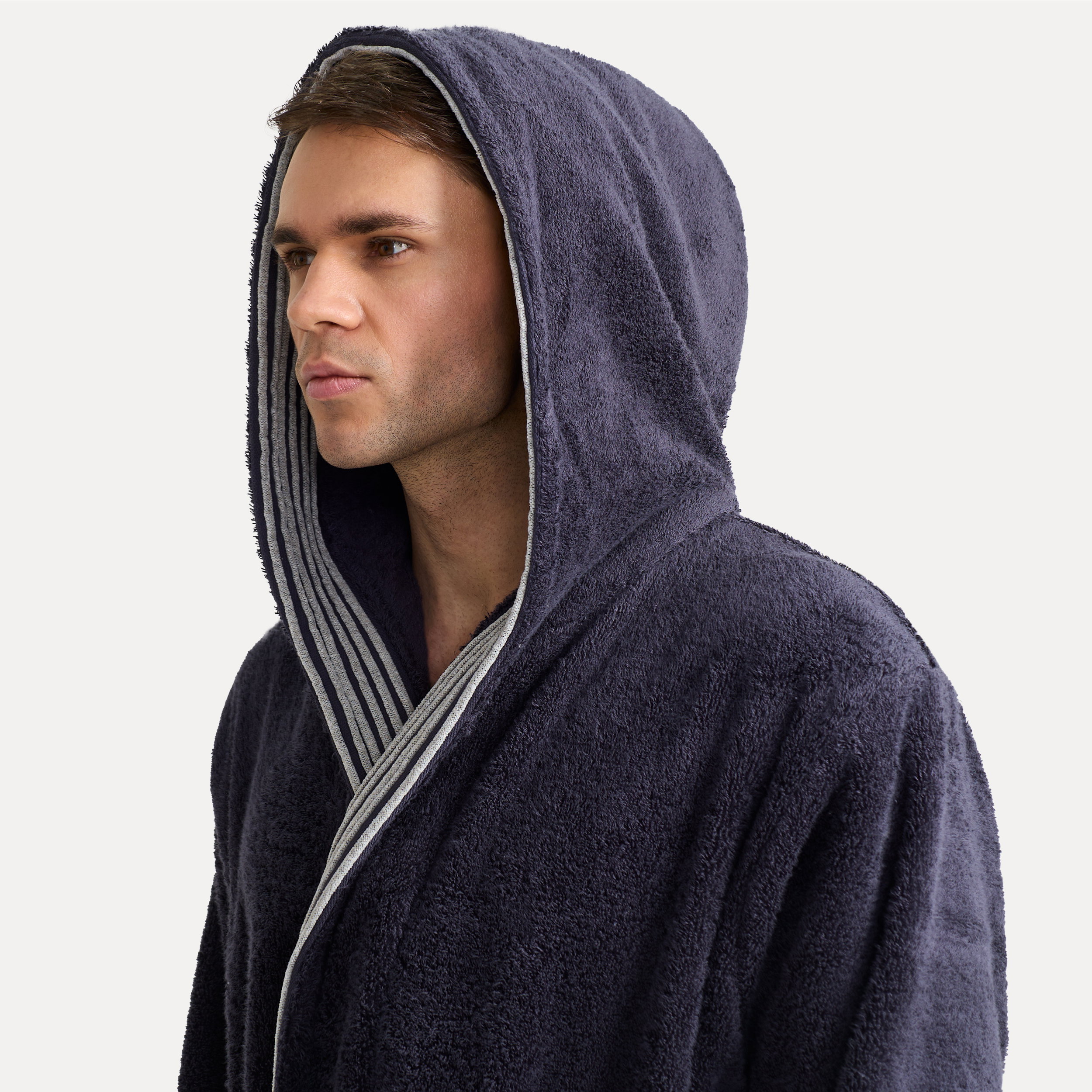 Hooded robe, Terry towel, Bath robe, Navy color, Striped trim