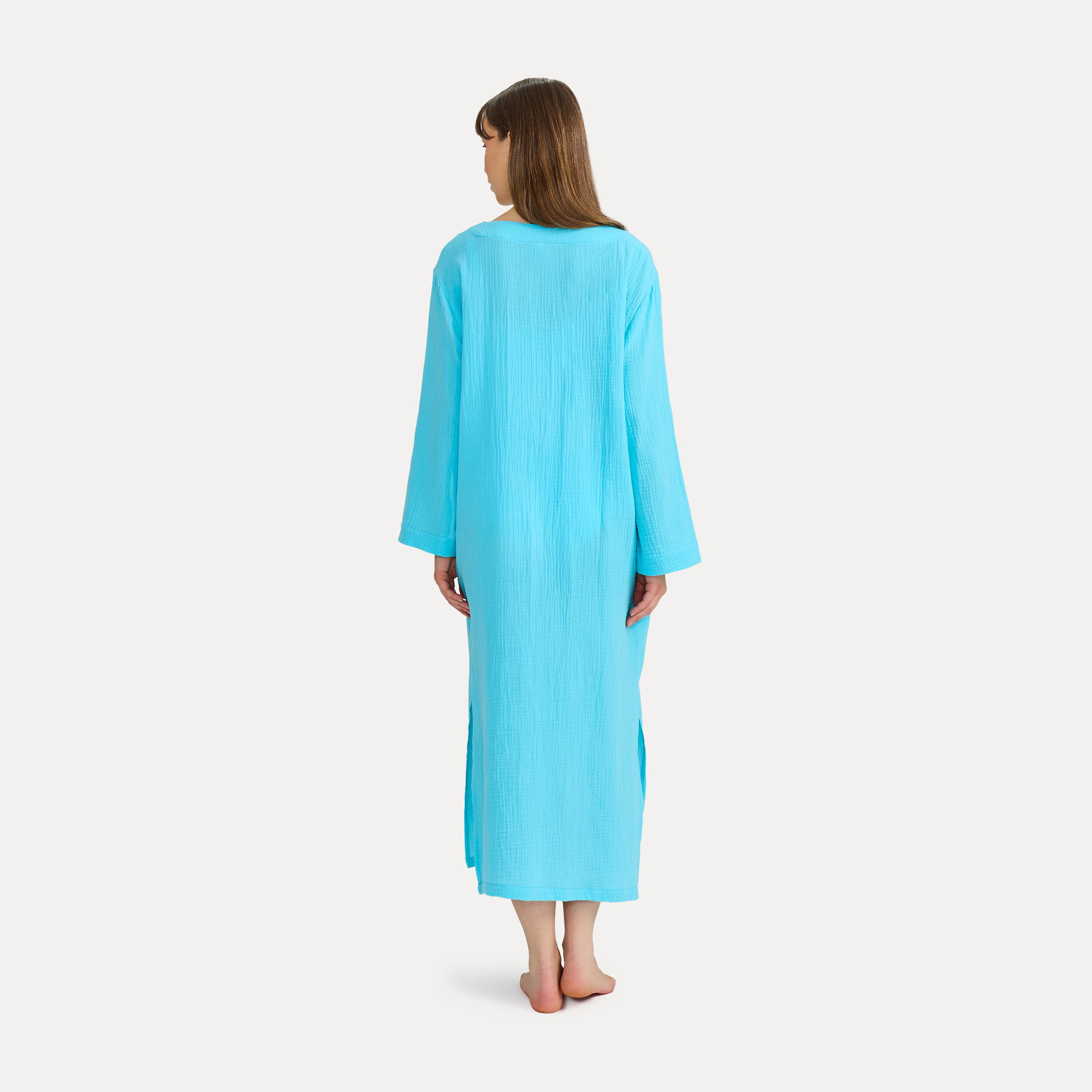 Kaftan, Langarm, Baumwolle, Hellblau, Maxi-Kleid, Nachthemd, Hellblau, Klassisch, Lange Ärmel, Knöchellang