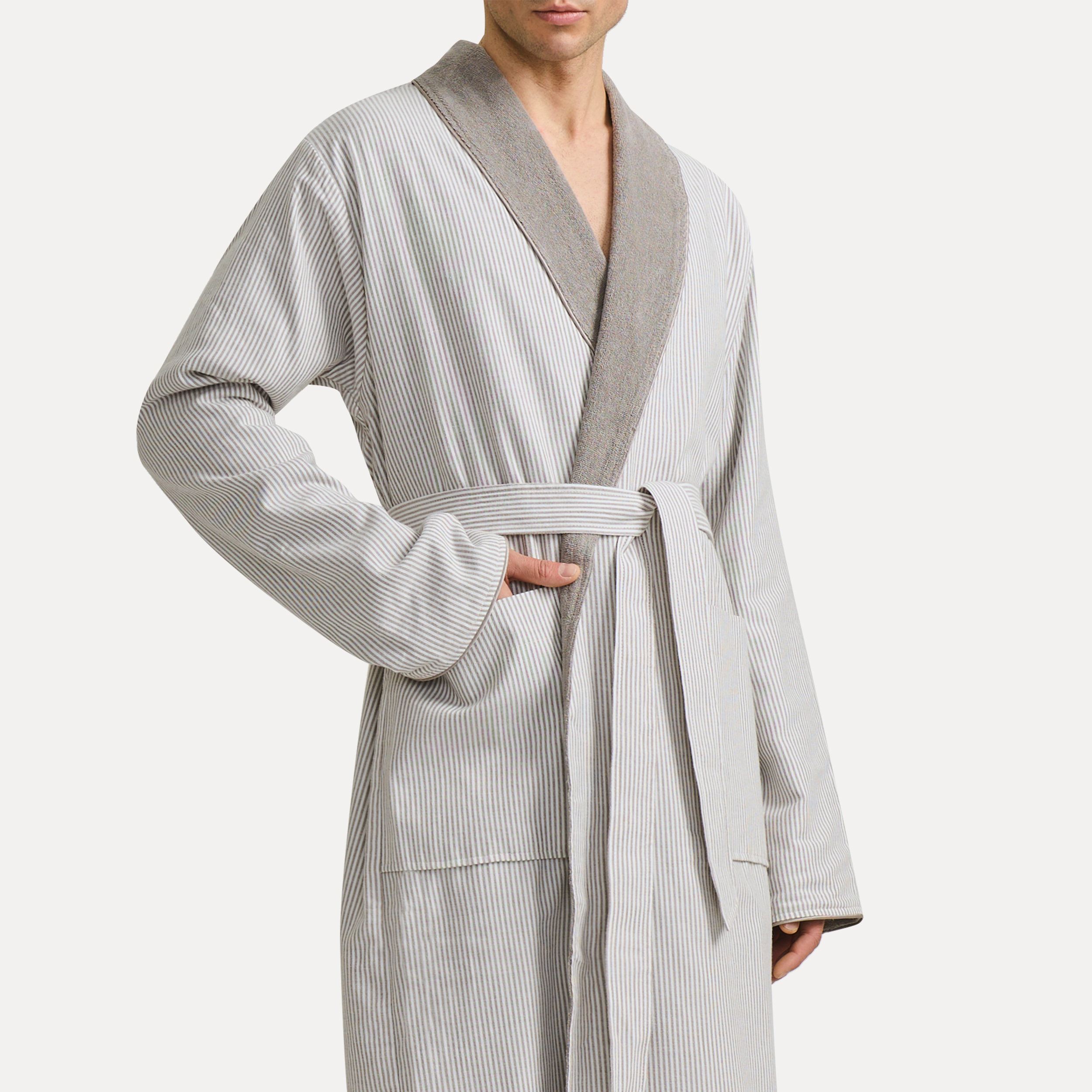 Bademantel, Streifen, Grau, Kimono-Stil, Wickelgürtel, Bademantel, Streifen, Grobstrick, Gürtel, Schlupfärmel