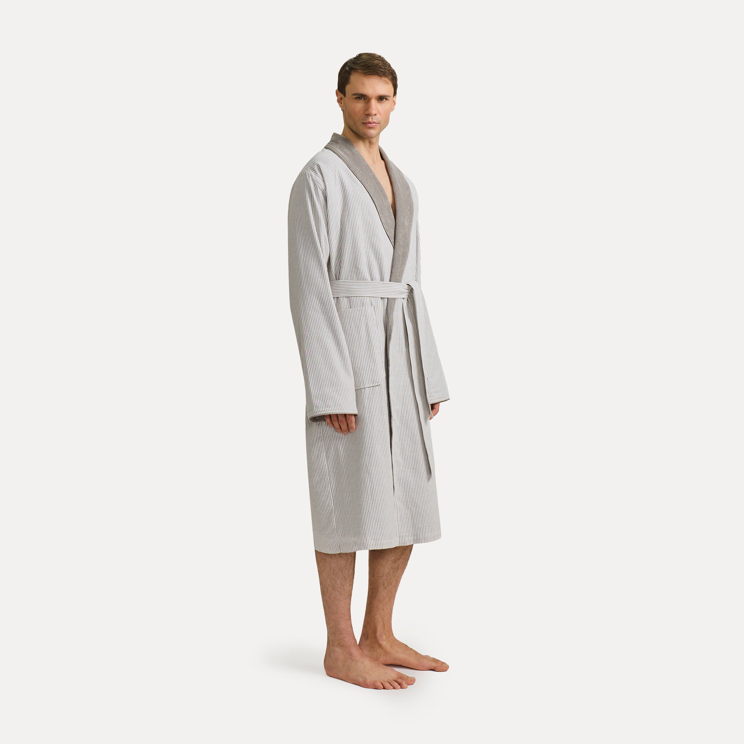 Bademantel, Streifen, Strickstrafe, Grau, Knotengürtel, Bademantel, Kimono, Streifen, Grau, Bindegürtel