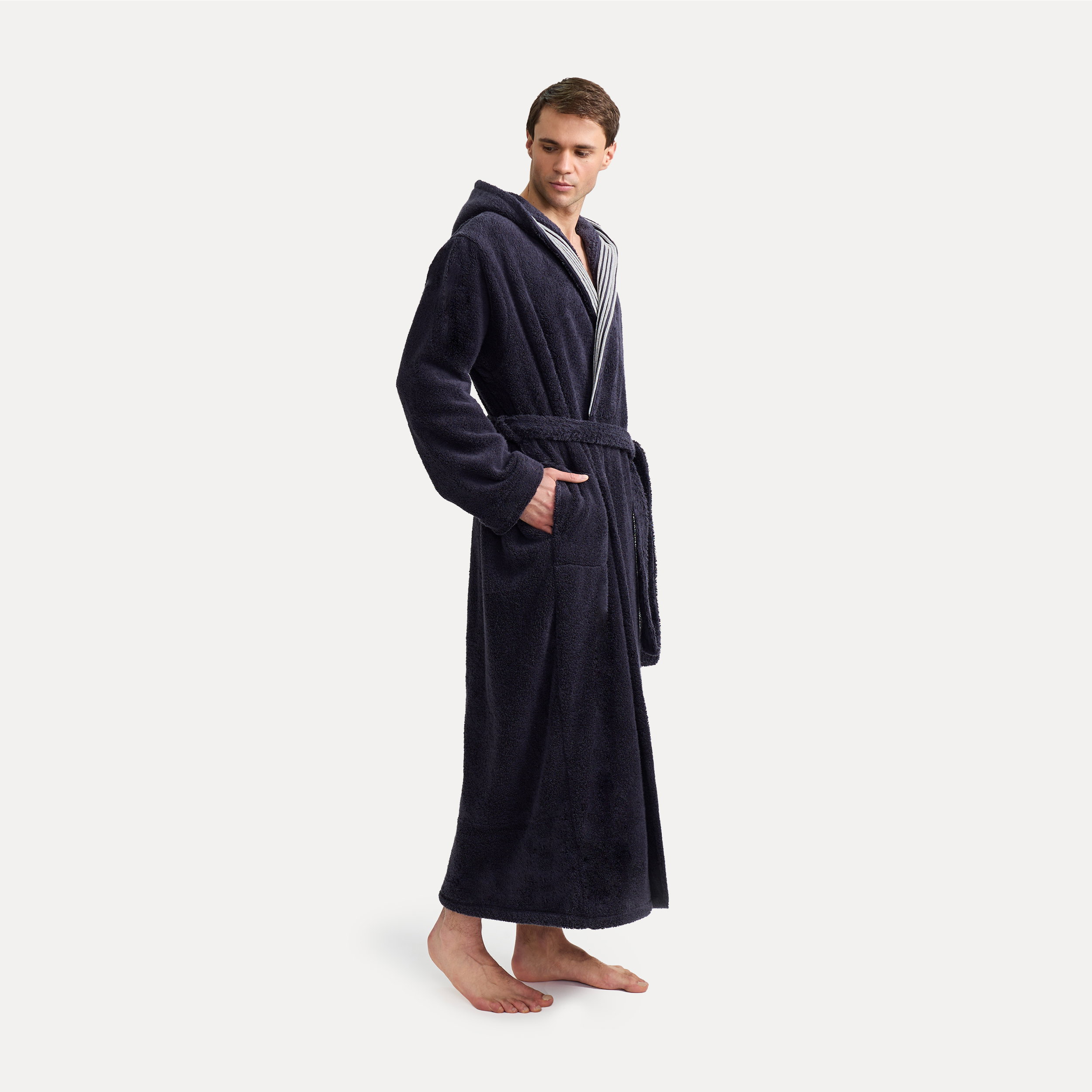 Dunkler Bademantel, Frottee, Gürtel, Hoodie-Effekt, Lange Robe