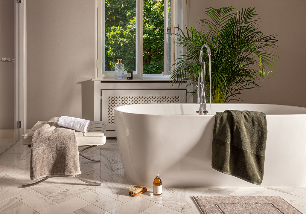Badetuch, Frottee, olivgrün, beige, Badtextilien