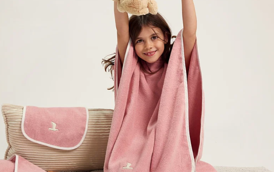 Kinder-Badeponcho, Rosa, Mit Kapuze, Frottee, Kinderhandtuch