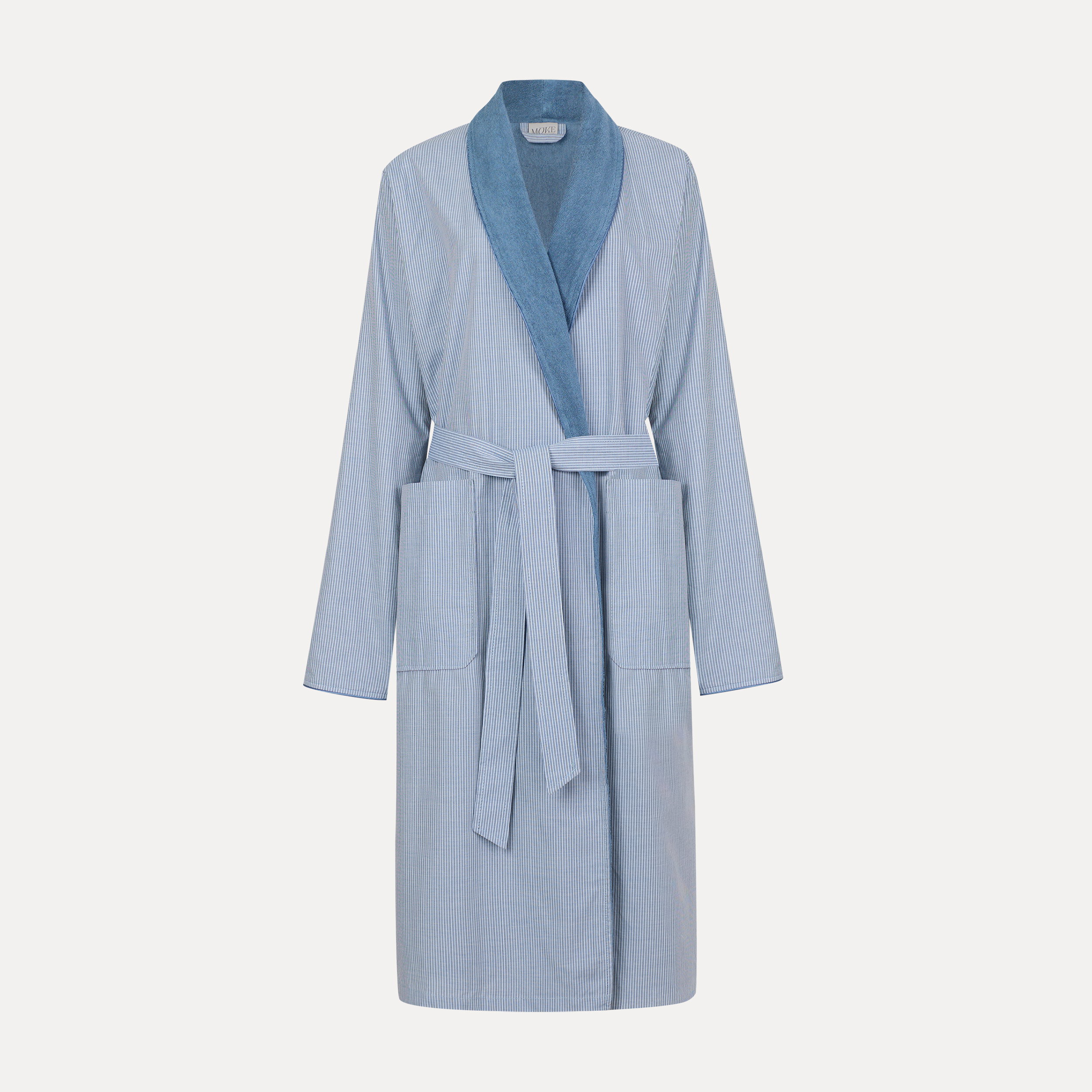 Bademantel, Streifen, Gürtel, Kragenfell, Kapuzenloser Robe, Bademantel, Struktur-Streifen, Blaue Farbe, Gürtel, Kragenlapel