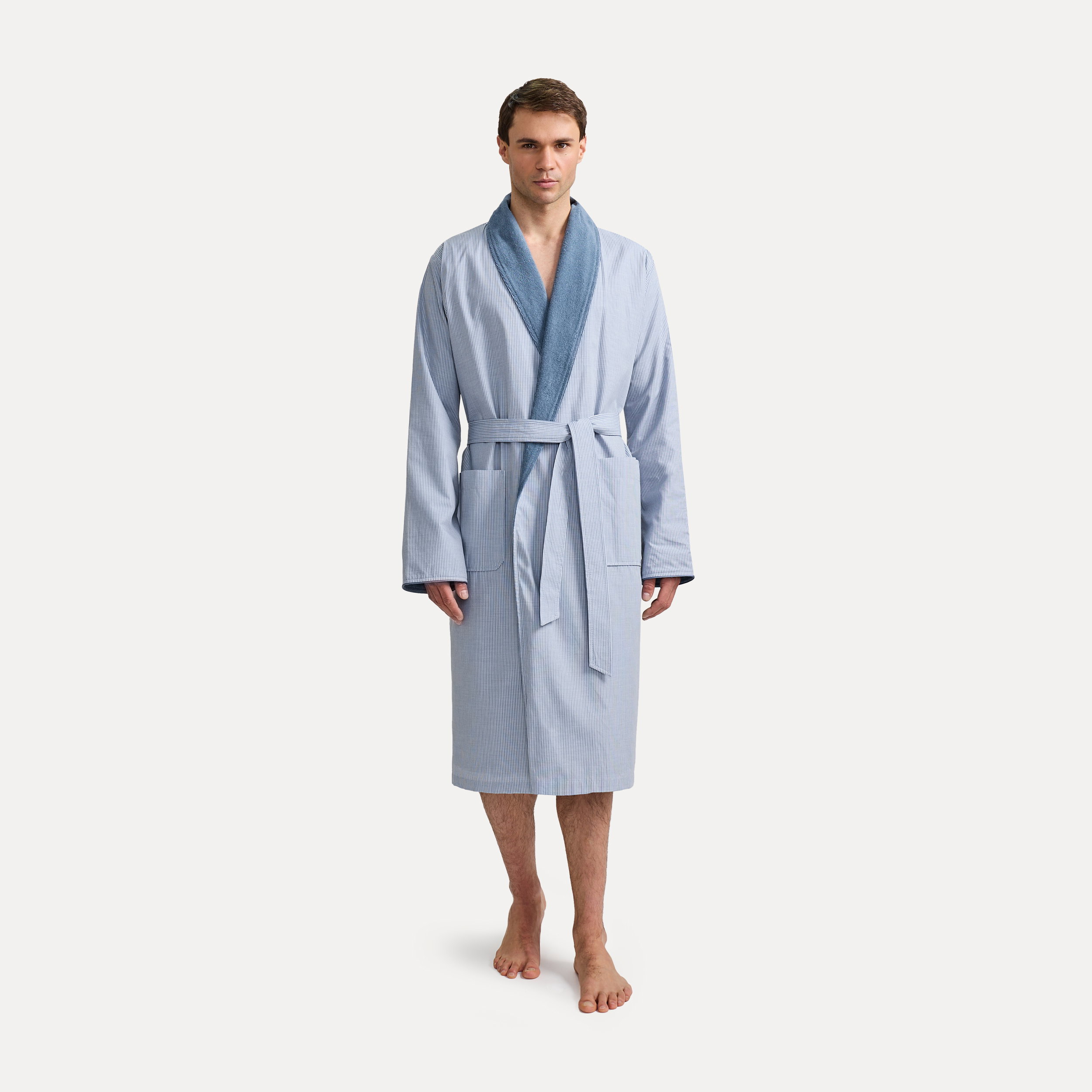Bademantel, Hellblau, Gürtel, Aufgesetzte Taschen, Patchtaschen, Robe, Badezimmer-Robe, Morgenmantel, Kragen-Schalkol, Männer-Bademantel